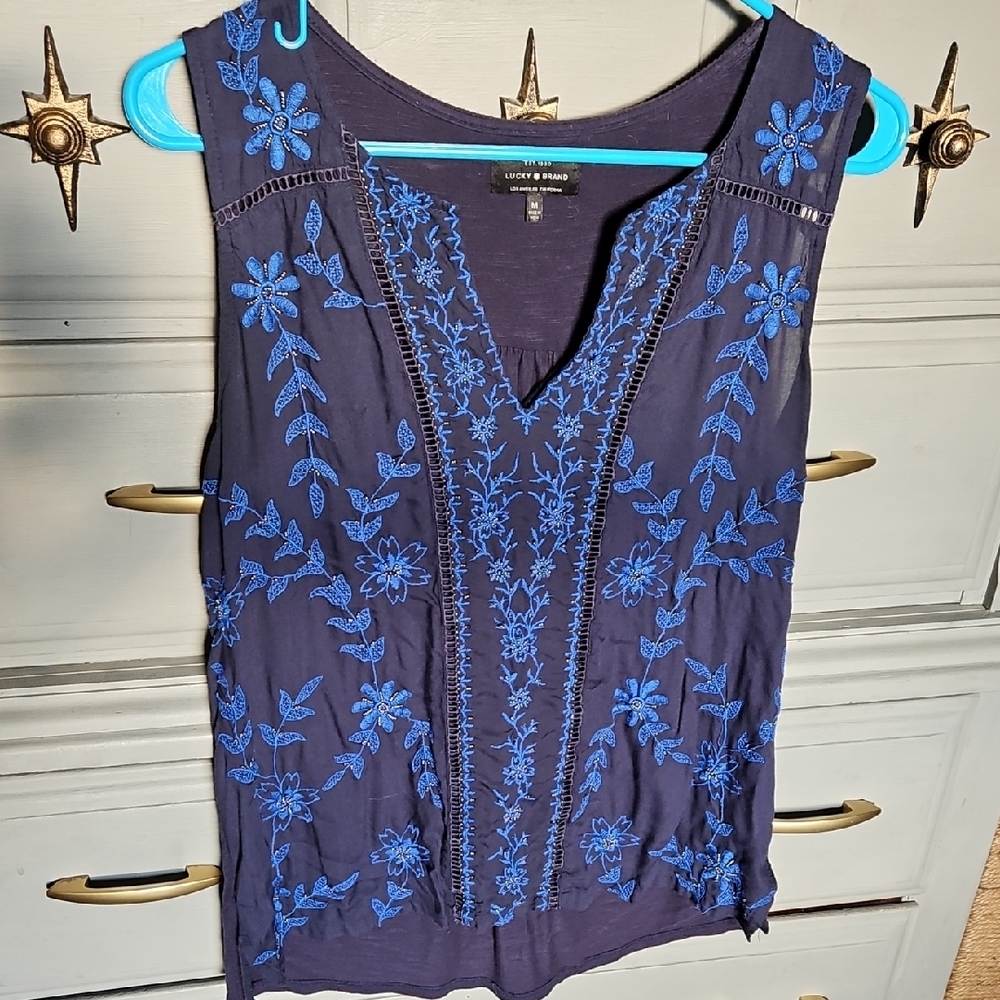 Lucky Brand Women's Dark Blue Floral Embroidered Blouse